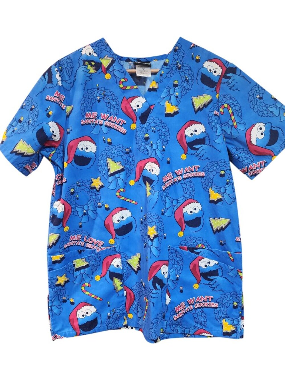 Sesame Street Cookie Monster Christmas Scrub Top S Blue Cartoon Print